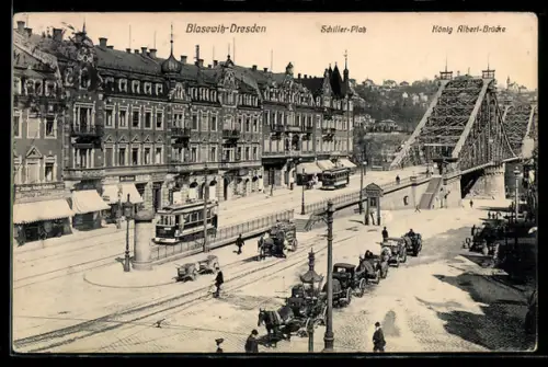 AK Dresden-Blasewitz, Schiller-Platz mit Strassenbahn und König Albert-Brücke