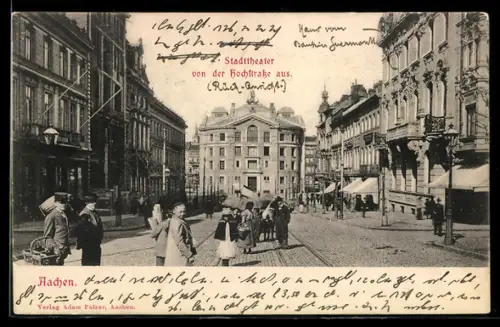 AK Aachen, Kinder laufen zum Stadttheater, von der Hochstrasse aus
