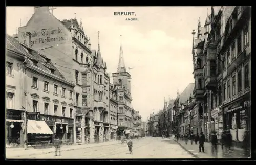 AK Erfurt, Strasse Anger mit Geschäften und Hauswandwerbung für Parfümerie der Gebrüder Tscharnke