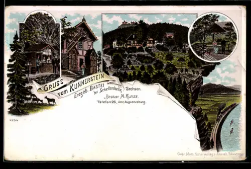 Lithographie Schellenberg i. Sa., Gasthof Kunnerstein, Besitzer M. Kunze