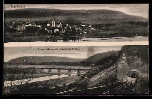 AK Neckarelz, Ortsansicht, Neckar-Brücke, Eisenbahn-Tunnel