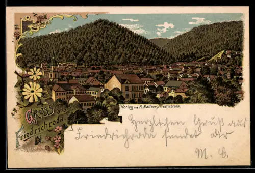 Lithographie Friedrichroda, Panoramaansicht auf den Ort