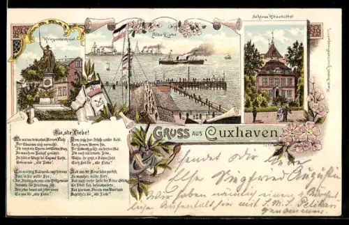 Lithographie Cuxhaven, Ritzebütteler Schloss, Hafen, Kriegerdenkmal