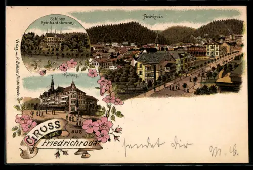 Lithographie Friedrichroda, Schloss Reinhardsbrunn, Kurhaus, Ortsansicht