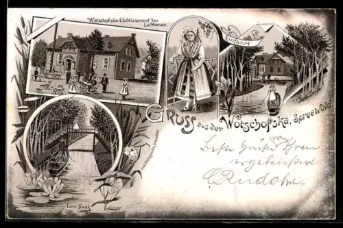 Lithographie Wotschofska /Spreewald, Wotschofska Gasthaus, Dame in Tracht