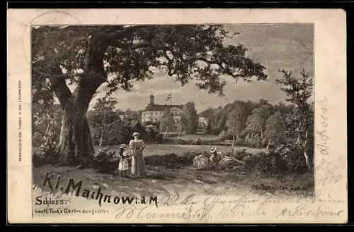 Lithographie Kl. Machnow i. d. M., Schloss vom H. Türks Garten aus gesehen