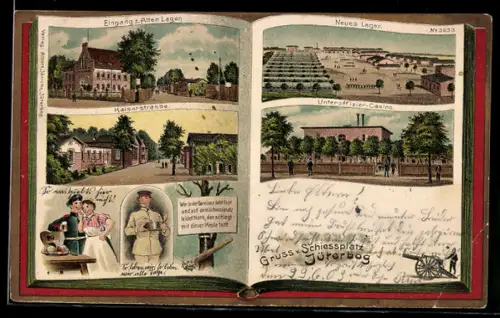 Lithographie Jüterbog, Schiessplatz, Kaisersstrasse, Unteroffizier-Casino, Eingang z. Alten Lager