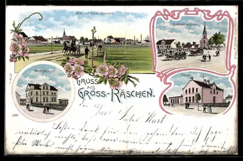 Lithographie Gross-Räschen, Marktplatz mit Kirche, Amtsgebäude, Schule, Hemdtaschenknick