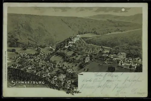 Mondschein-Lithographie Schwarzburg, Ortsansicht aus der Vogelschau