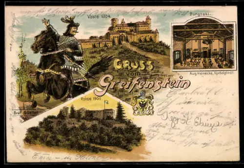 Lithographie Bad Blankenburg, Greifenstein, Veste 1304, Ruine 1900, Burgsaal