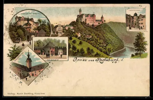 Lithographie Rochsburg, Schloss, Pulverthurm, Thorhaus