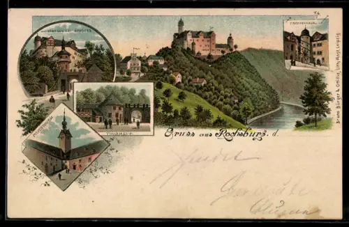 Lithographie Rochsburg, Schloss, Thorhaus, Treppenhaus, Pulverthurm