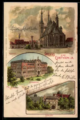 Künstler-AK Erwin Spindler: Coethen i. A., Markt mit Kirche, Akademie, Schloss