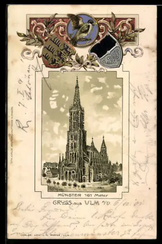 Passepartout-Lithographie Ulm a. D., Blick auf das Ulmer Münster, Wappen
