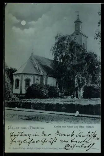 Mondschein-AK Wustrau, Kirche mit Grab des alten Ziethen