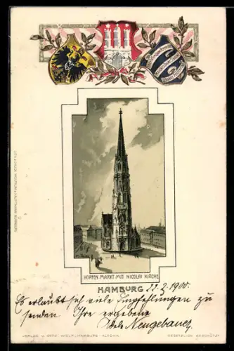 Passepartout-Lithographie Hamburg, Hopfenmarkt mit Nicolaikirche, Wappen