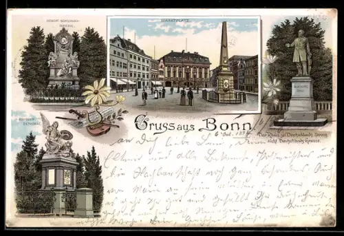 Lithographie Bonn, Robert Schumann-Denkmal, Krieger-Denkmal, Marktplatz