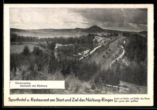 AK Nürburgring, Rennstrecke, Karussell mit Nürburg, Sporthotel & Restaurant am Start & Ziel