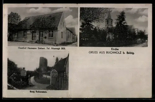 AK Buchholz b. Belzig, Gasthof Hermann Siebert, Burg Rabenstein