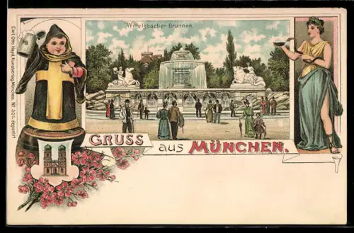 Lithographie München, Wittelsbacher Brunnen, Münchner Kindl
