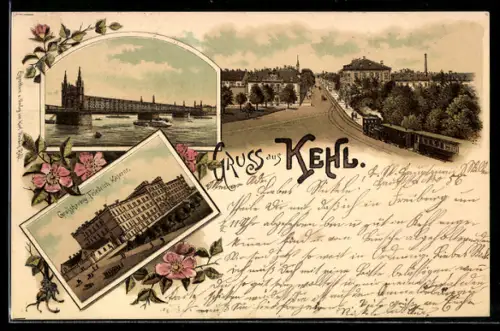 Lithographie Kehl, Eisenbahnbrücke, Grossherzog Friedrich-Kaserne, Strassenpartie mit Bahn