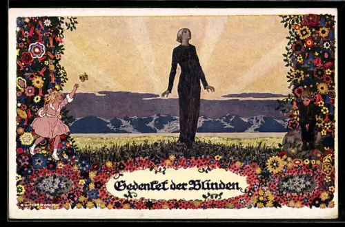 Künstler-AK Ernst Kutzer: Gedenket der Blinden, Frau steht im Blumenmeer, Kinder und Schmetterling