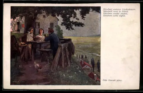 Künstler-AK sign. Otto Nowak: Schubert unterm Lindenbaum