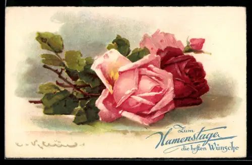 Künstler-AK Catharina Klein: rosa und rote Rosen