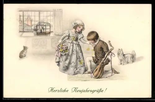 AK Eine Laute haltender Junge kniet vor dem Mädchen und küsst ihre Hand, Hund schaut zu