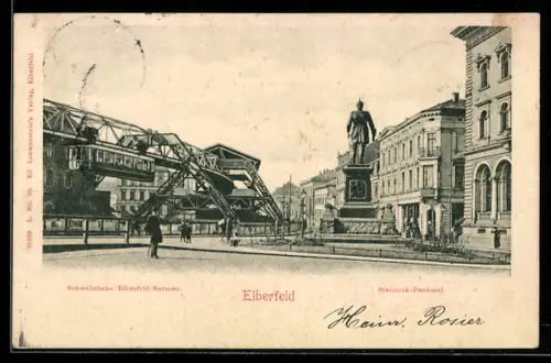 AK Elberfeld, Schwebebahn und Bismarck-Denkmal