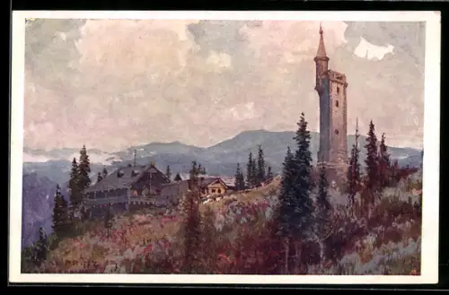 Künstler-AK Berghotel Bürgeralpe, der Aussichtsturm im Wald