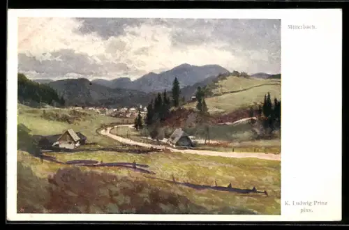 Künstler-AK Karl Ludwig Prinz: Mitterbach, Ortsansicht mit Landstrasse von oben