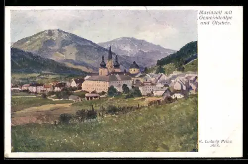 Künstler-AK Karl Ludwig Prinz: Mariazell, Ortsansicht mit Gemeindealpe und Ötscher