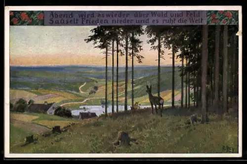 Künstler-AK P. Hey, Volksliederkarte Nr.: 65, Abend wird es wieder, Reh am Wald
