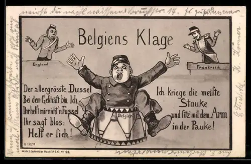 Künstler-AK Propaganda 1. Weltkrieg, Belgiens Klage, Engländer & Franzosen lassen Belgien im Stich