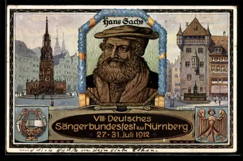 AK Nürnberg, VIII. Deutsches Sängerbundfest 1912, Hans Sachs, Harfe