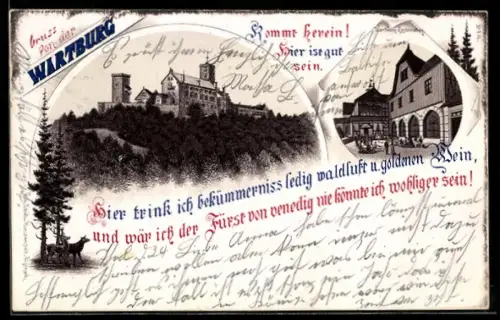 Lithographie Wartburg, Wartburg-Restaurant, Panoramablick auf die Burg