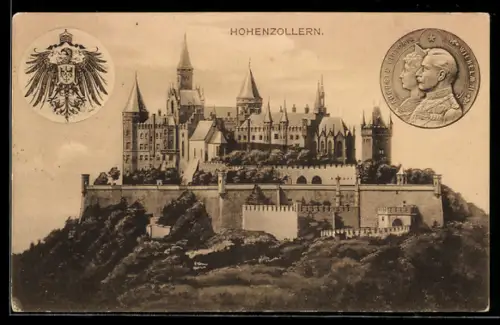 AK Burg Hohenzollern, Wappen und Münze mit Auguste Victoria & Kaiser Wilhelm II.