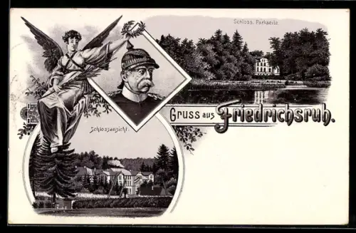 Lithographie Friedrichsruh, Bismarck-Portrait, Schloss von der Parkseite aus, Schlossansicht, Germania um 1900