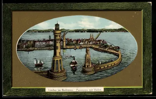 Lithographie Lindau im Bodensee, Panorama mit Hafen