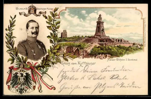 Lithographie Kyffhäuser, Kaiser Wilhelm I. Denkmal, Porträt Wilhelm II., Wappen