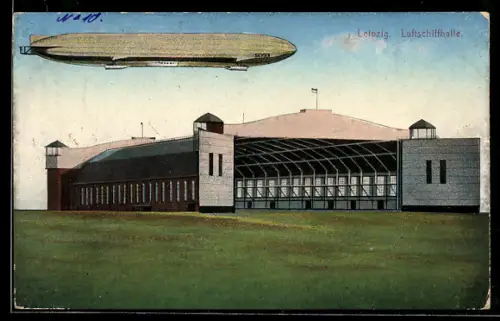 Künstler-AK Leipzig, Zeppelin über der Luftschiffhalle