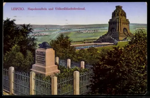 AK Leipzig, Napoleonstein u. Völkerschlachtdenkmal, Ortsansicht
