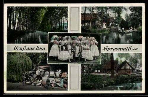 AK Spreewälderinnen in Tracht, Kähne am Ufer, Flussansicht