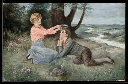 Künstler-AK sign. B. Dietze: Frau setzt jungem Mann Blütenkranz auf