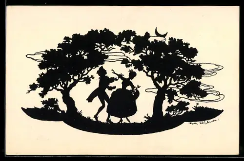 Künstler-AK Silhouette, Liebespaar unter Bäumen