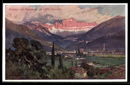 Künstler-AK Edward Harrison Compton: Bozen mit dem Rosengarten, Dolomiten mit Stadt
