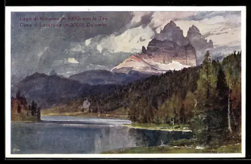 Künstler-AK Edward Harrison Compton: Misurinasee mit den drei Zinnen in den Dolomiten in Tirol