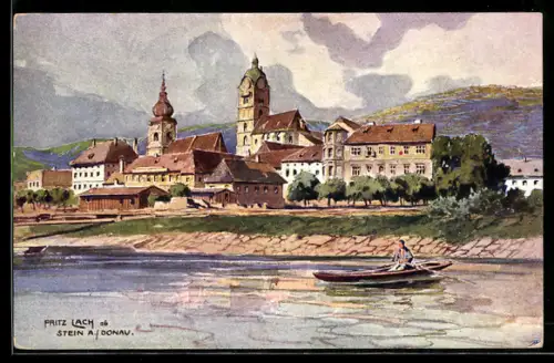 Künstler-AK Stein a. d. Donau, Mann im Ruderboot am Donauufer
