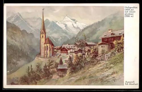 Künstler-AK Ed. Manhart: Heiligenblut, Ortsansicht mit Grossglockner